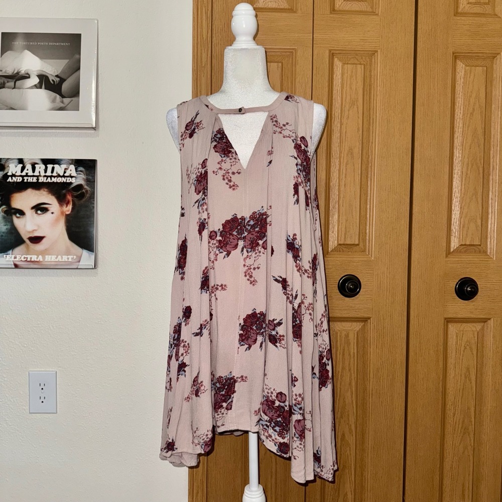 Free People Floral Sleeveless Tunic Top Pink Mauve Swing Mini Dress Size Large
